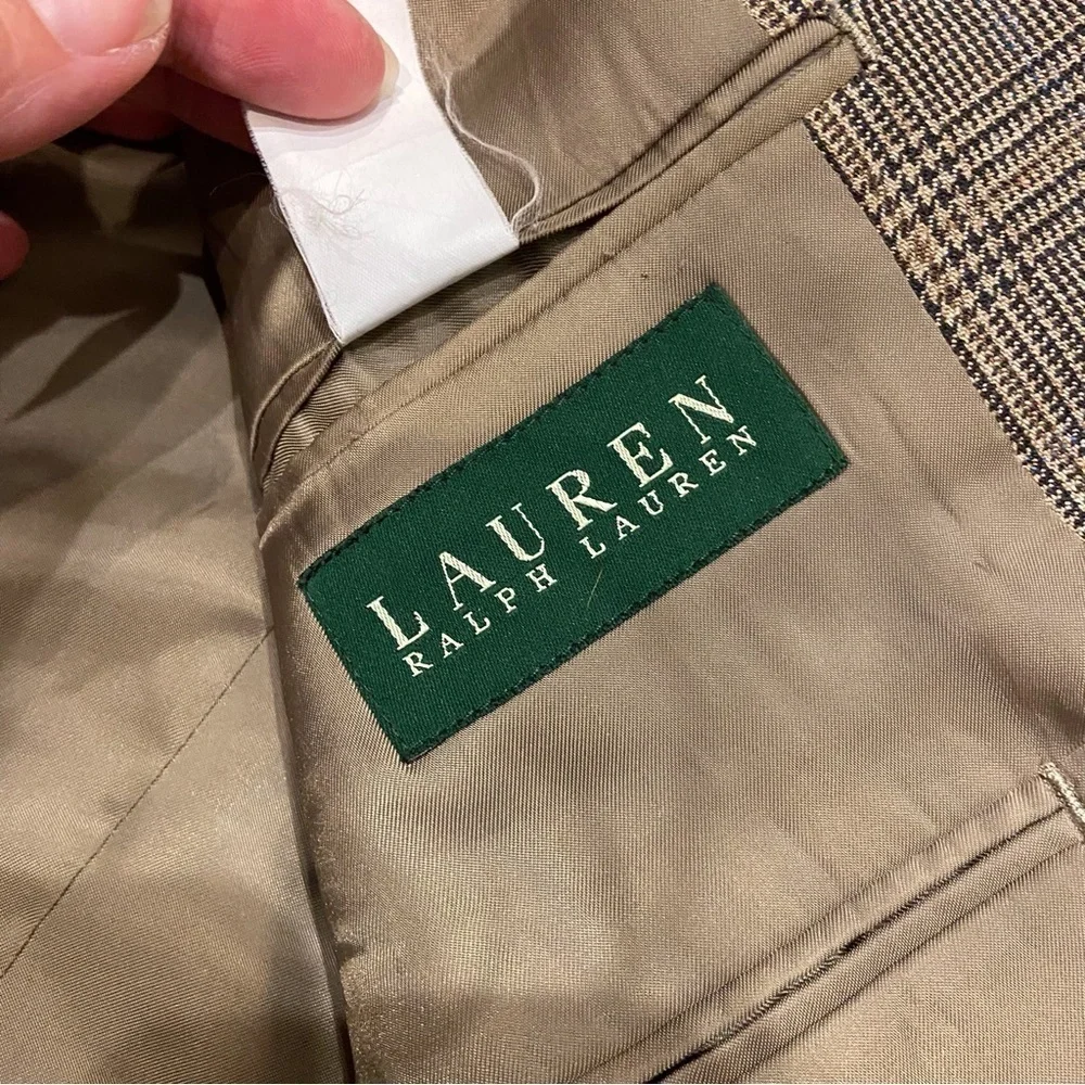 Lauren Ralph Lauren 44R Blazer Wool Silk Brown Glen Plaid Jacket